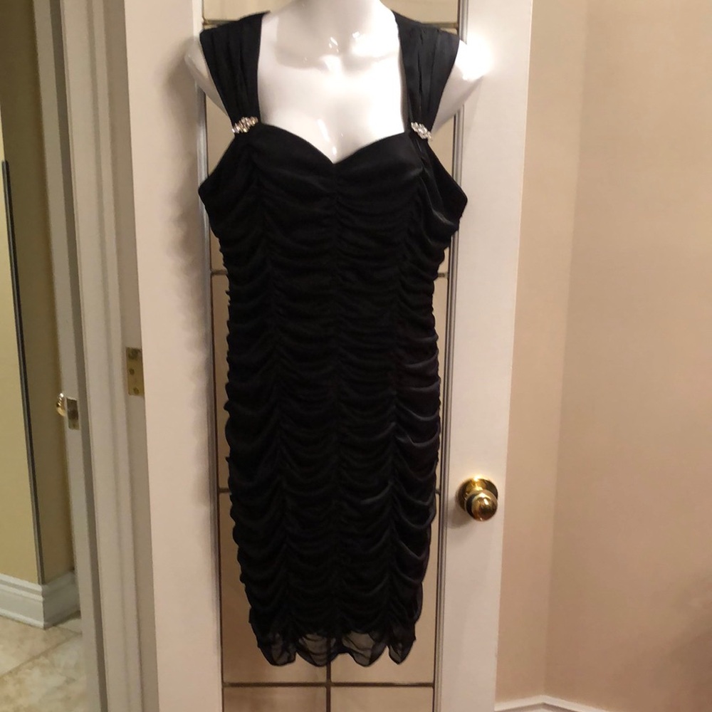 Black Ruched Cocktail Dress with Jewel-Strap Detail